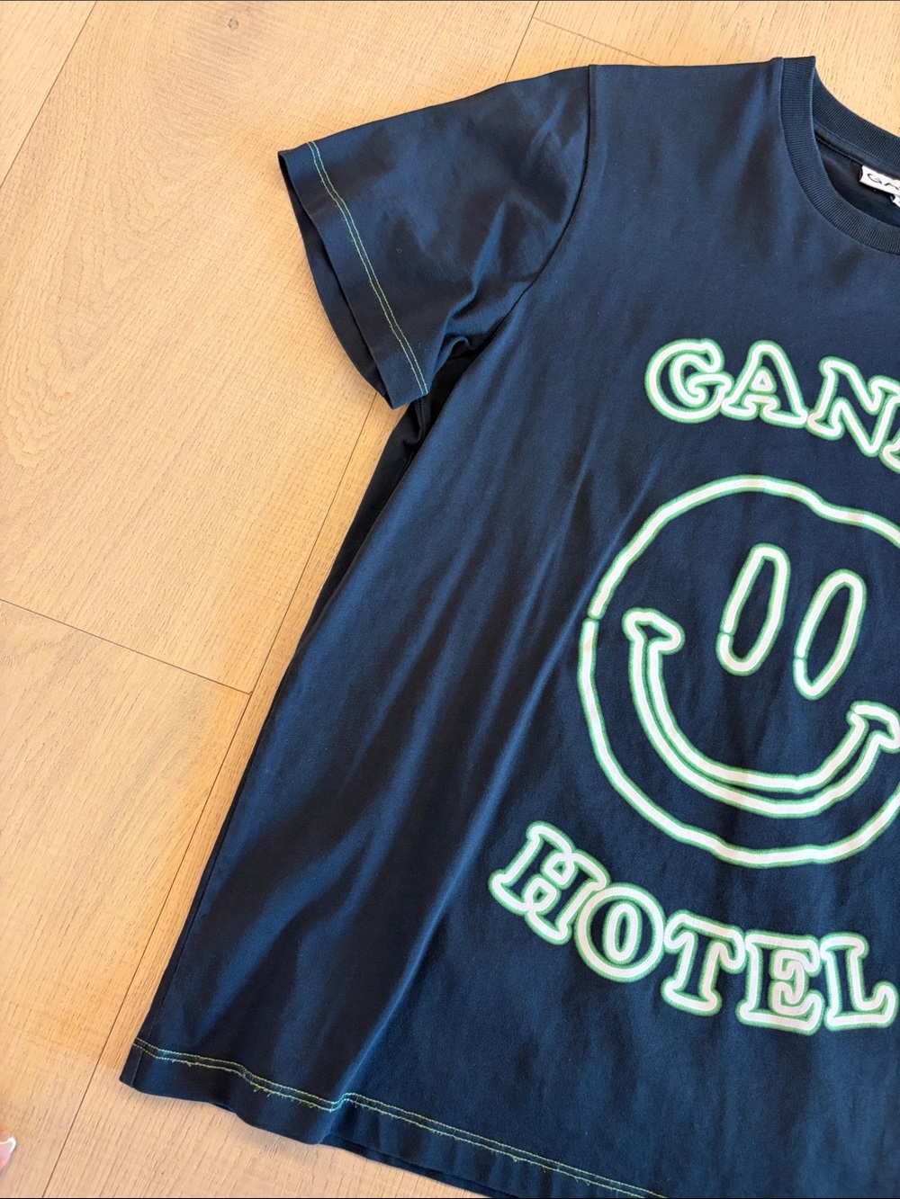 NWOT Ganni Black Tee with Neon Green Smiley Logo - Picture 3 of 6